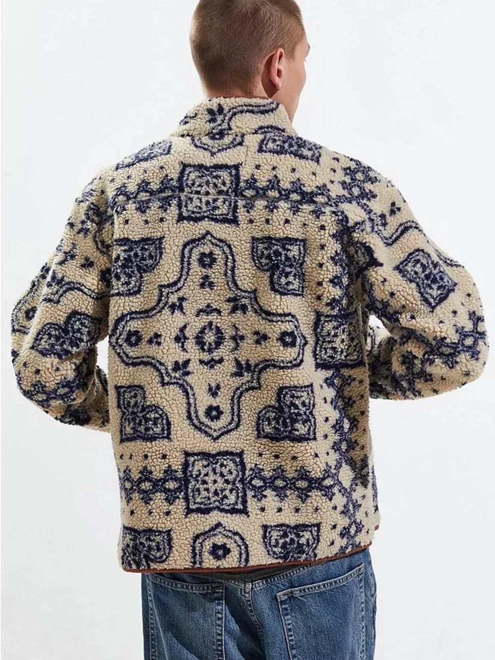 Urban Outfitters BDG Damask Tan Sherpa Zip-Up Fleece Jacket Sz Small